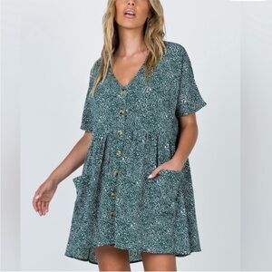 Princess Polly Green Oversized Baggy Mini Dress Green/White Floral with pockets